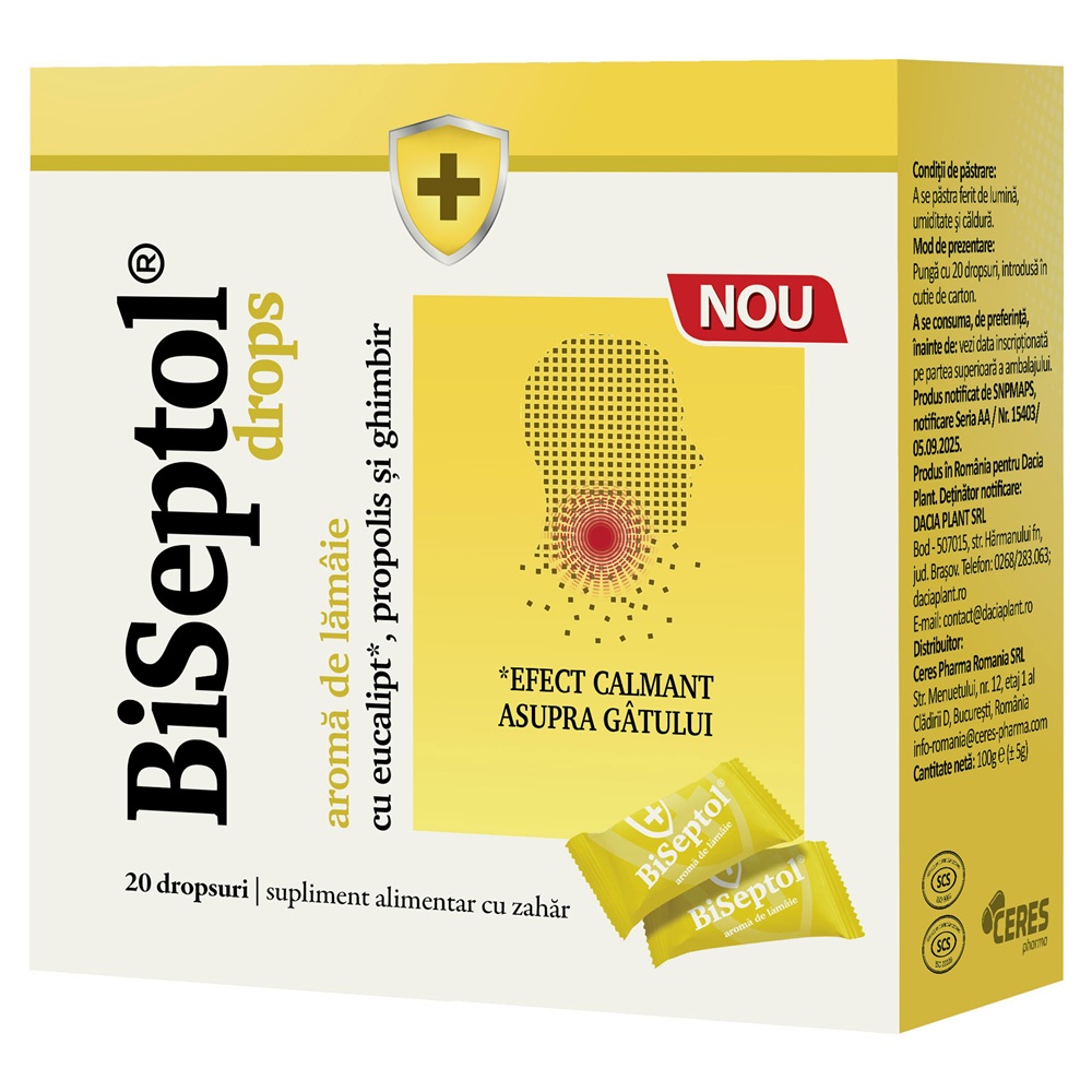 Biseptol Drops sabor limón, 20 caramelos para la garganta con propóleo, Dacia Plant