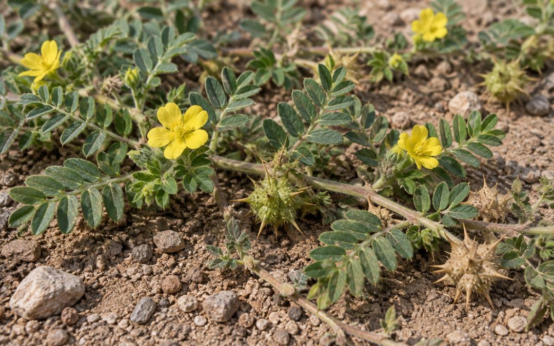 Tribulus terrestris con hojas, flores amarillas y frutos espinosos